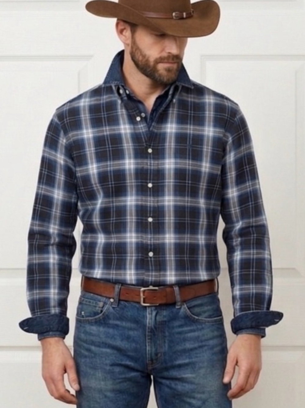 Ralph Lauren Men’s Navy and White Plaid Button-Down Shirt
